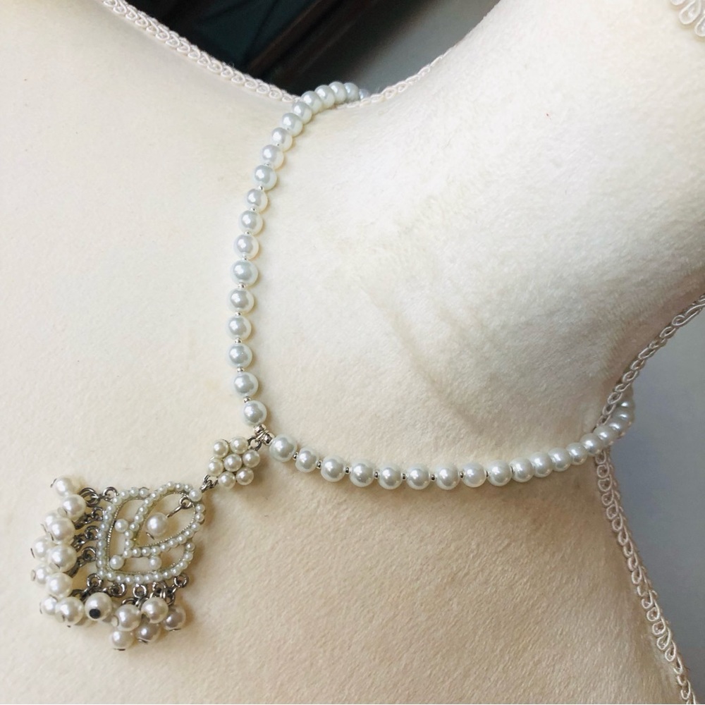 Handcrafted repurpose faux pearl chandelier pendant Czech glass Pearl necklace